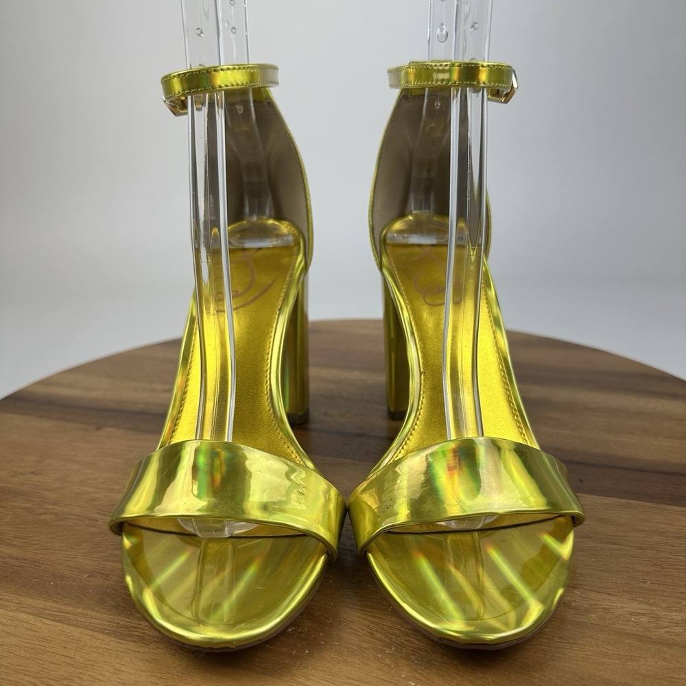 Womens Sam Edelman Yaro Gold Leather Block Open Toe Heeled Sandals Size 8 M GUC - Picture 3 of 10